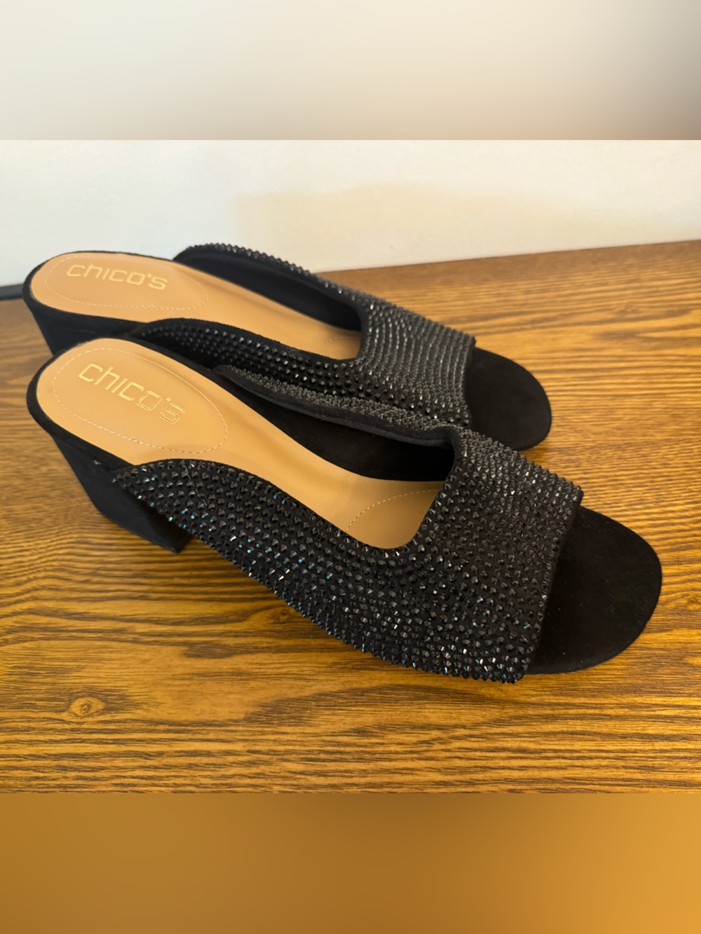 NWT Chico's Black Bejeweled Microsuede Mules Black Rhinestone Block Heel